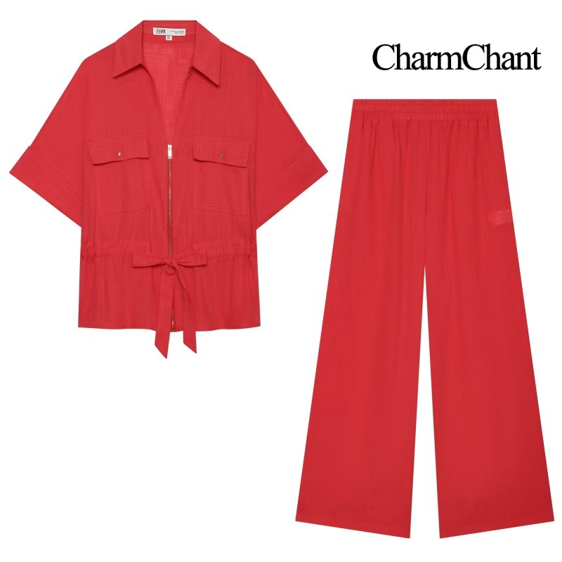 Short Linen Drawstring - CHARMCHANT Damski dwuczęściowy komplet z mieszanki