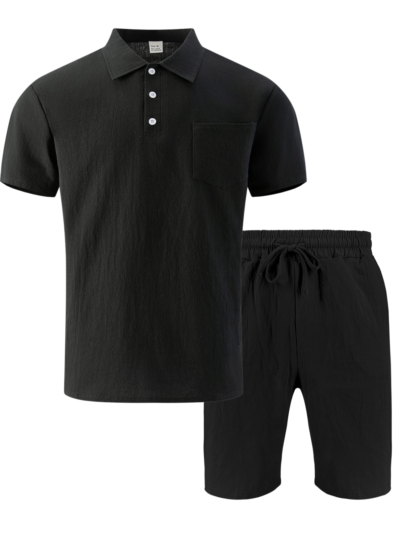 Short Linen Drawstring - Męski teksturowany lniany zestaw polo z
