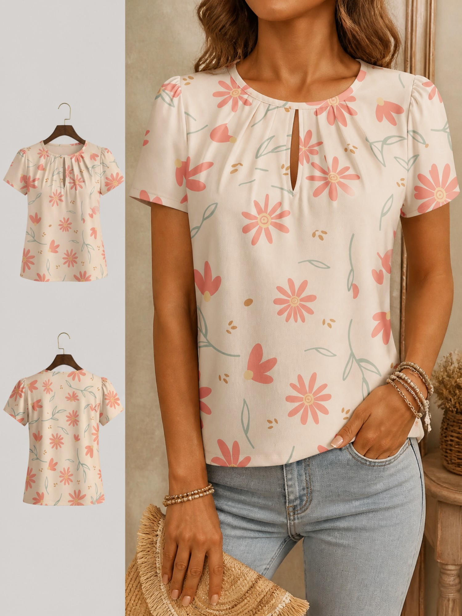Resort Shirt Floral - Elegancka koszulka damska z okrągłym dekoltem,
