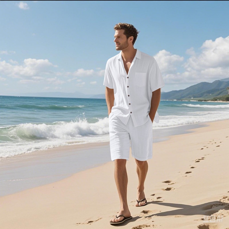 Linen Shirt Breathable - Męski zestaw: lniana koszula z kołnierzykiem