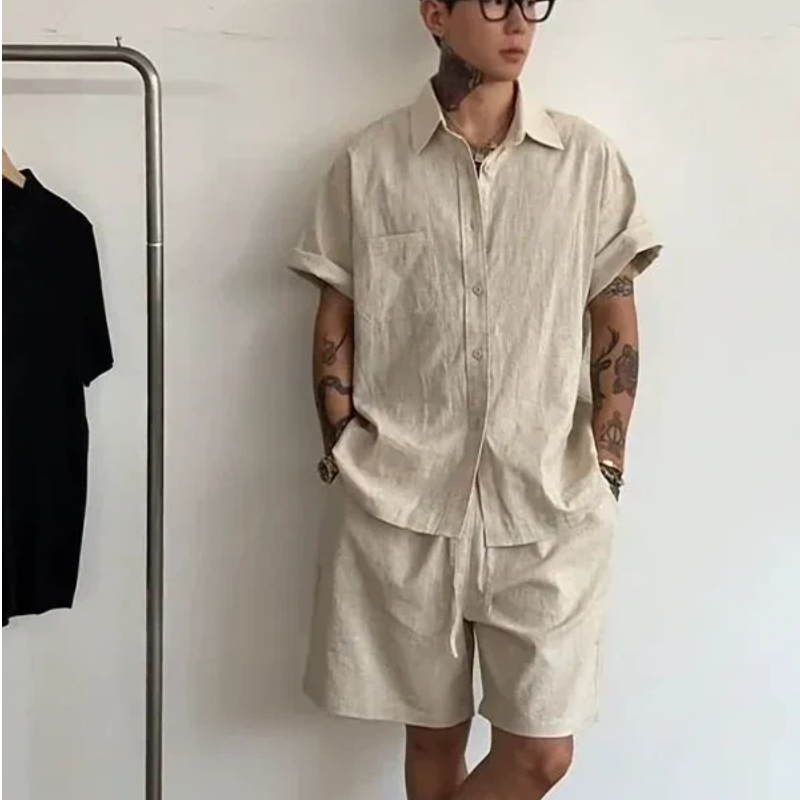 Linen Shirt Breathable - Męski lniano-bawełniany zestaw dwuczęściowy: luźna koszula