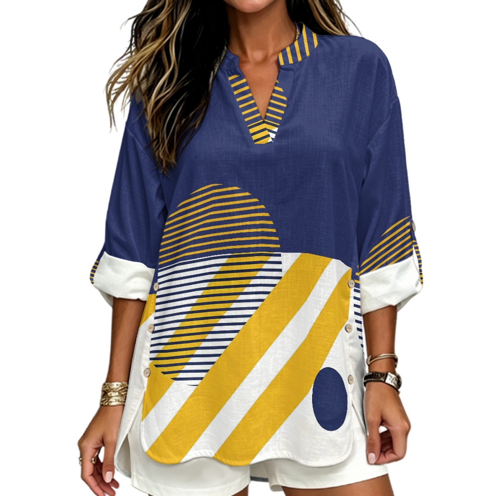 Linen Shirt Breathable - INSTANTARTS Damska lniana bluzka z dekoltem