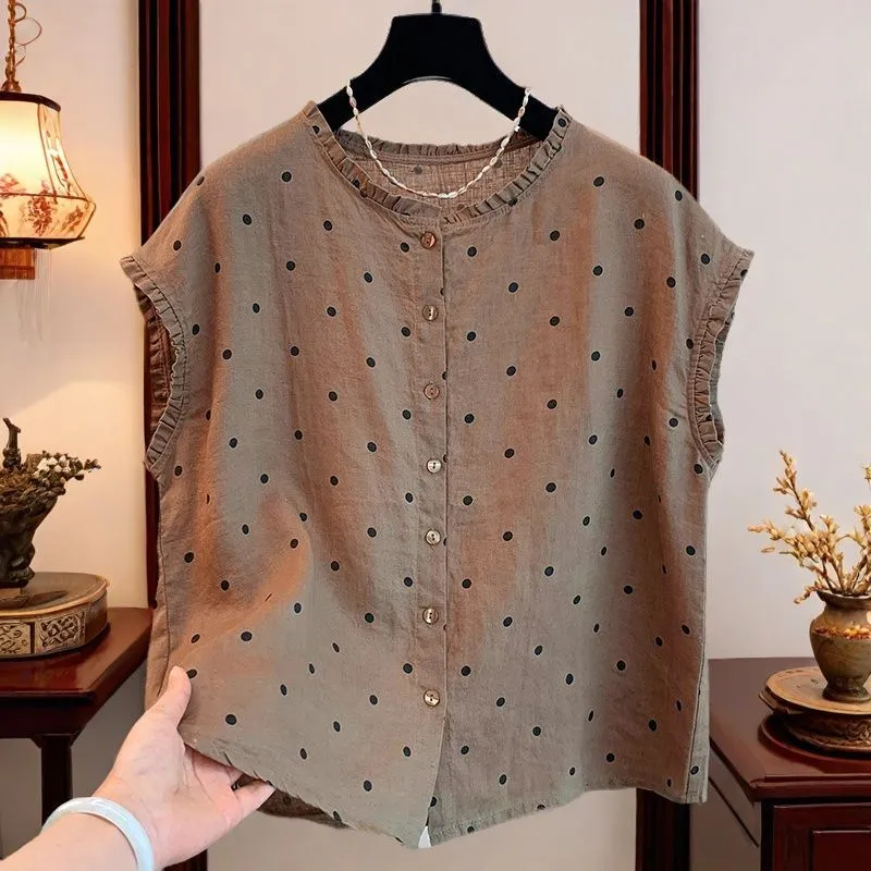 Shirt Camp Collar - Damska bluzka retro w kropki z