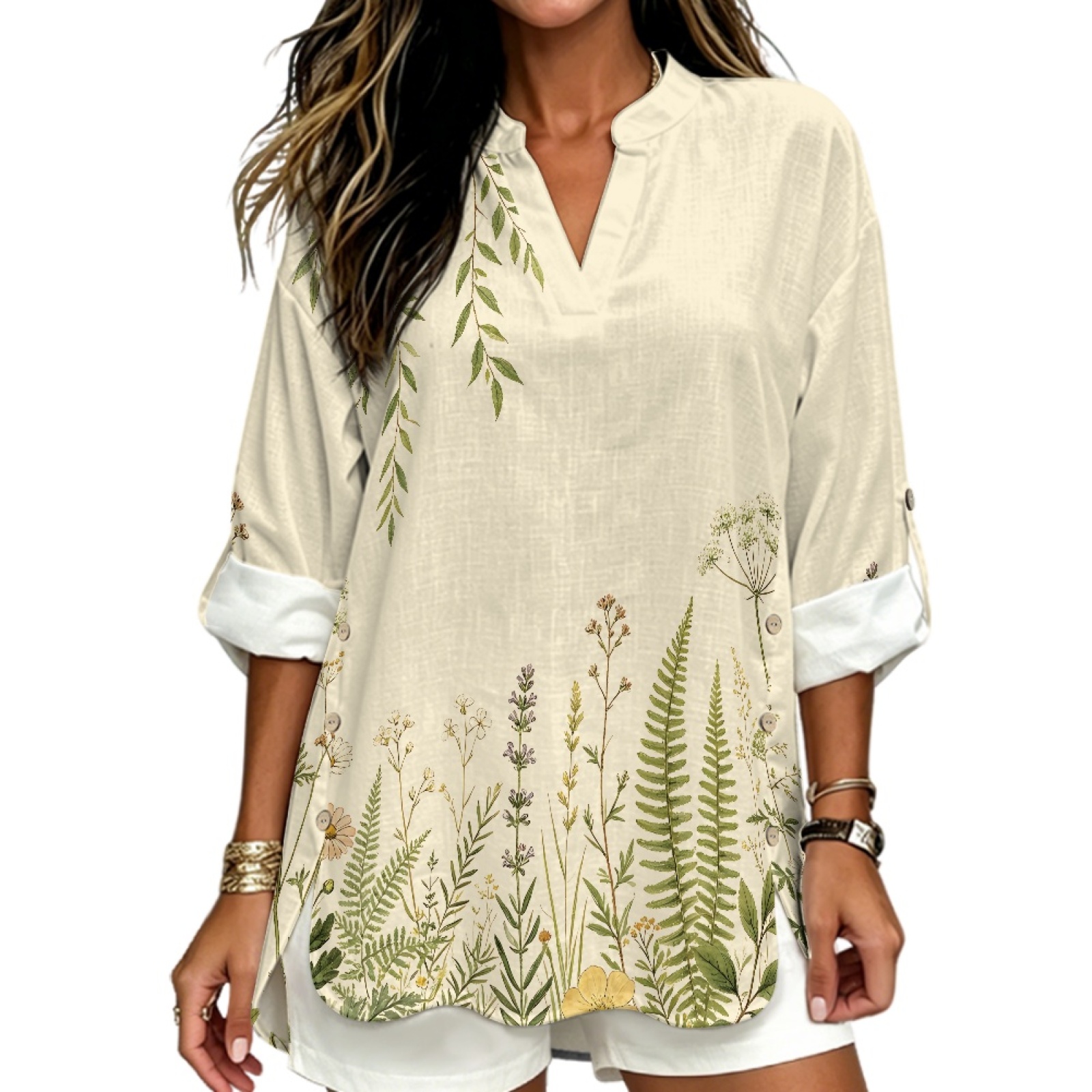 Linen Shirt Breathable - INSTANTARTS Damska lniana bluzka z dekoltem
