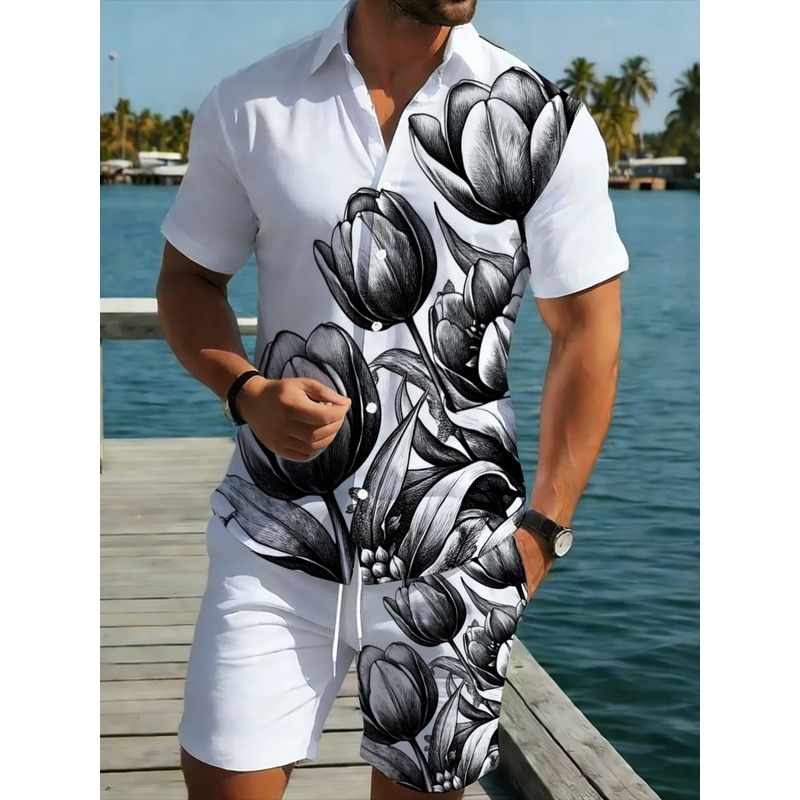 Resort Shirt Floral - Męski zestaw koszuli i szortów w