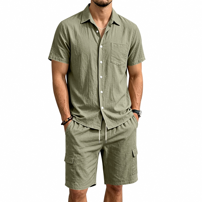 Linen Shirt Breathable - Męski letni lniany dwuczęściowy zestaw: koszula