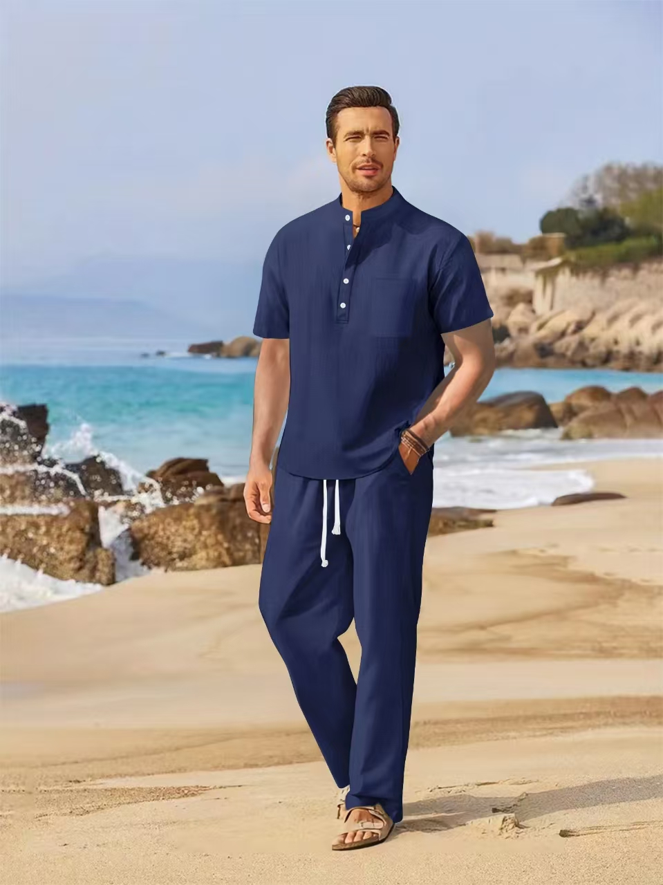 Letni męski komplet z bawełny  – Short Linen Drawstring recenzja i cena